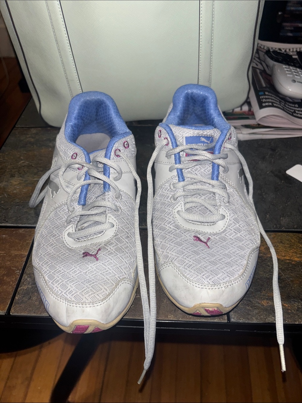 Puma Women's White Athletic Sneakers with Blue Liner and Pink Accents - Picture 3 of 8